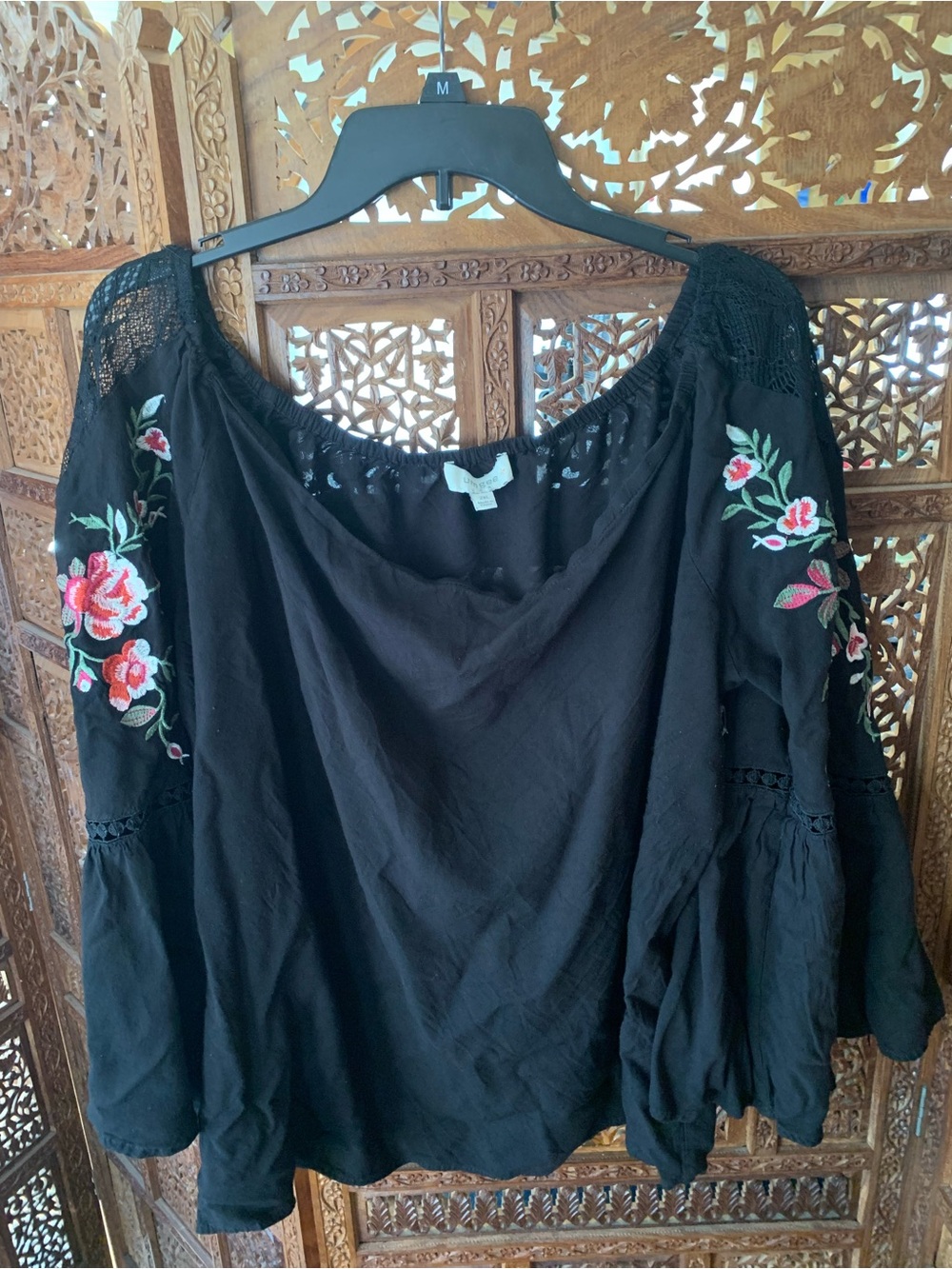 Umgee Embtoudered Black Boho Peasant Top - Size 2XL